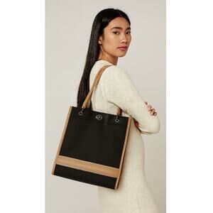 Longchamp VTG Tote Black Beige Leather Trim Tall Handbag Retro Chic minimalist